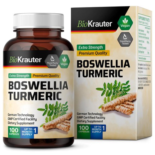 BIO KRAUTER Turmeric Supplement with Boswellia Extract Capsules - Boswellia Turmeric (Curcumin) 2000 mg Blend - Joint Support Formula w/Black Pepper - 100 Vegan Boswellia Turmeric Capsules