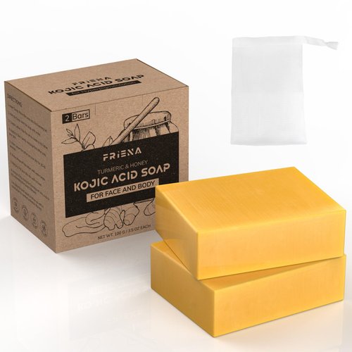 FRIENA Kojic Acid Soap for Face & Body, Turmeric Soap Bar for Dark Spots, Skin Brightening Soap with Olive Oil, Coconut Oil, Shea Butter, Men Women's Bar Soap - 2 Bars