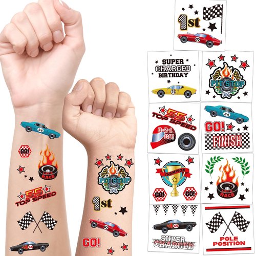 Cheerland Race Car Theme Temporary Tattoo for Boys Birthday Party Celebration Racing Helmet Trophy Finish Line Supplies and Decorations 108 pcs