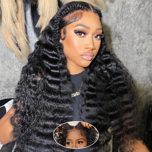 Ehelo 22 Inch Glueless Wigs Human Hair Deep Wave Lace Front Wigs Human Hair 180% Density Pre Plucked Pre Cut Lace Wigs 7x5 Lace Closure Deep Wave Human Hair Wigs for Women Curly Glueless Wig