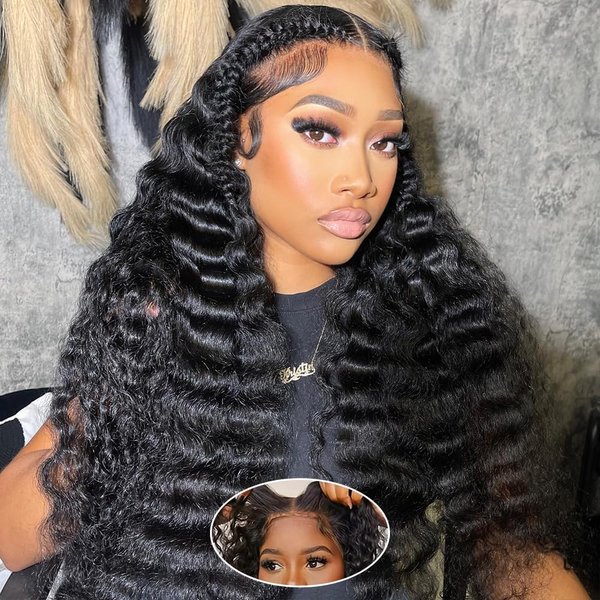 Ehelo 22 Inch Glueless Wigs Human Hair Deep Wave Lace Front Wigs Human Hair 180% Density Pre Plucked Pre Cut Lace Wigs 7x5 Lace Closure Deep Wave Human Hair Wigs for Women Curly Glueless Wig