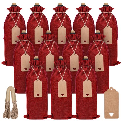 Burlap Wine Bags 12 Pcs Wine Bottle Gift Bags，Reusable Wine Gift Bags with Drawstrings Tags & Ropes for Christmas, Weddings, Holiday Party, Birthdays, Travel, Blind Tastings, Home Storage 750ml