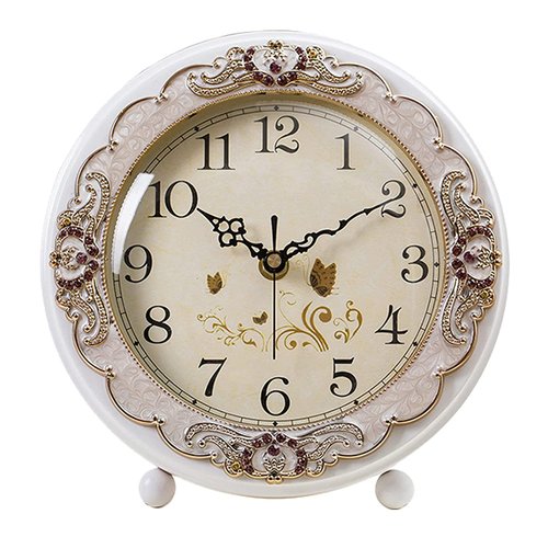 Justup Vintage Table Clock, Retro Non-Ticking European Style Beside Mantle Desk Clock Battery Operated Silent Quartz Movement for Bedroom Living Room Indoor Decor (White)