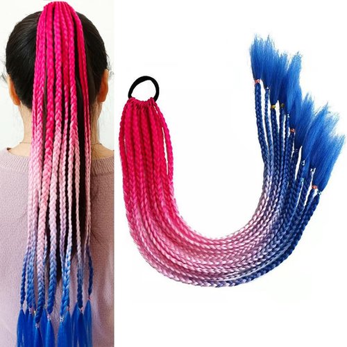 Girls Ponytail Hair Extensions Accessories Kids Colorful Wigs Colored Braids Hair Extensions With Rubber Bands Red White Blue Ponytail Synthetic Hairpieces for Kids Crazy Hair Day Accessories