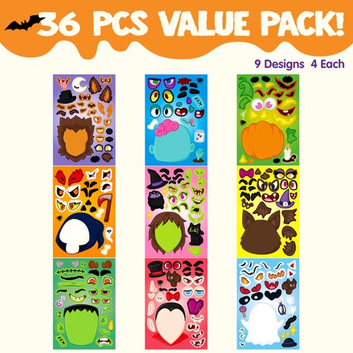 JOYIN 36 PCS Make-a-face Sticker Sheets Make Your Own Halloween Characters Mix and Match Sticker Sheets with Vampire, Witch, Frankenstein, Ghost and more Halloween Kids Party Favor Supplies Craft