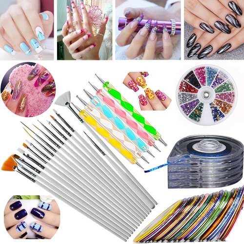 JOYJULY Nail Art Kit includes 30 Striping tape & 4Pcs Striping Roller Box & 12 Colors Rhinestones & 5pcs Dotting Pen & 15pcs Brush Set
