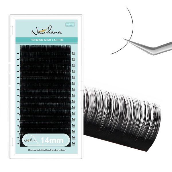 NATUHANA Round Eyelash Extensions 0.07mm D Curl Russian Volume Lash 14mm Single Size Tray False Lashes Supplies,Classic Individual Lash Extensions 16Rows/Case Matte Black (14mm, black;0.07 D)