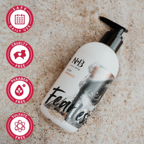 N+B Fearless Body Shimmer Lotion | Non-Sticky, Moisturizing, Body Highlighter | Made w/Alma Extract & Vitamin C | For Face, Hand, Body & All Skin Types, Rough, Dry Skin, Sensitive | 8oz