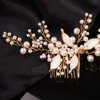 Teyglen Gold Leaf Headpiece Pearl Bride Wedding Hair Comb Gold Leaf Pearl Side Hair Comb Handmade Hair Pieces Bridal Hair Accessories for Women Bride Girls