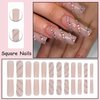 MISUD Press on Nails Long Square Fake Nails Glossy Glue on Nails Nude Acrylic Nails Squoval Artificial Nails Luxury Rhinestone Stick on False Nails with Design 24 pcs