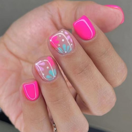 24pcs Short Press on Nails Bright Pink Flower Fake Nails Short Square Glue on Nails Flower Press on Nails Pink Full Cover Acrylic Nails Stick on Nails Kit for Women DIY Spring Summer Manicure Art