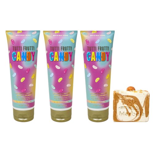 Bath & Body Works Tutti Frutti Candy 3 Pack Body Cream Set with a Peach Gardenia Bar Soap - Full Size