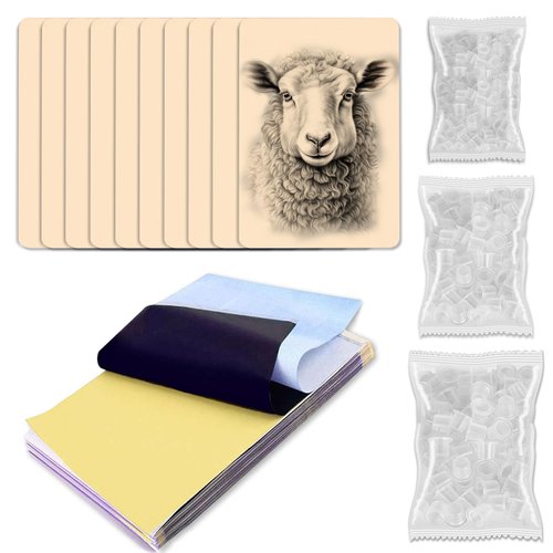 Hovith 330Pcs Tattoo Practice Skin and Transfer Paper Kit and Tattoo Ink Cups, Includes 10Pcs Tattoo Fake Skin and 20Pcs Tattoo Stencil Paper, 300Pcs Mixed Size Tattoo Ink Cups