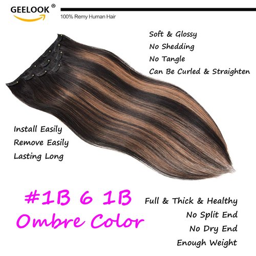 GEELOOK Clip in Hair Extensions Real Human Hair 14 Inch Natural Black mixed Chestnut Brown #1b/6/1b Double Weft 100% Remy Human Hair Thick Long Soft Silky Straight 4pcs for Women 60grams