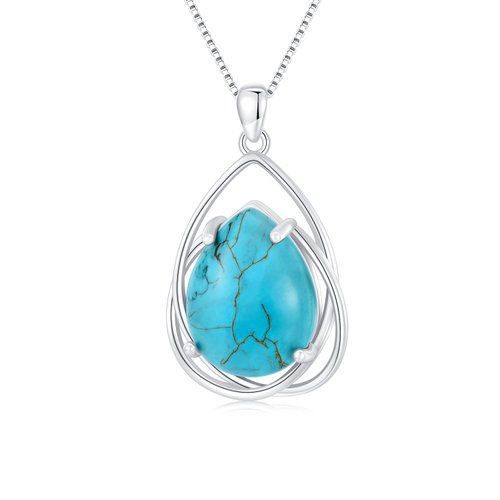 DOLIOX Teardrop Turquoise Pendant Necklace, 925 Sterling Silver December Birthstone Necklace Vintage Western Jewelry Gift for Women