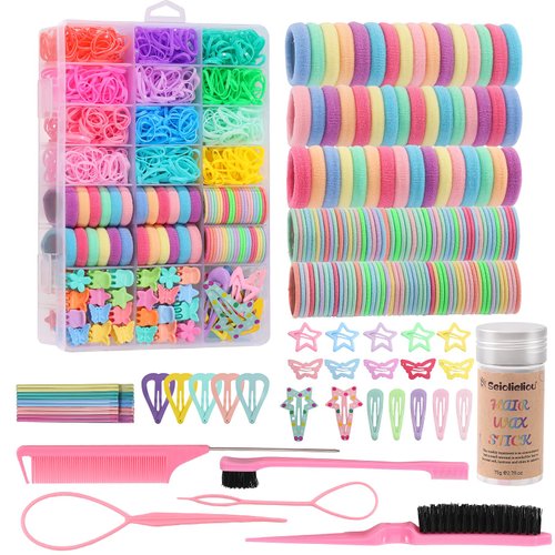 Hair Accessories for Girls, 1350P Colorful Hair Ties Set with 72P Hair Clips, Bobby Pins for Toddlers, Hair Wax Stick, Butterfly Hair Clips for Kids, Hair Barrettes with Hair Comb Set & Organizer Box