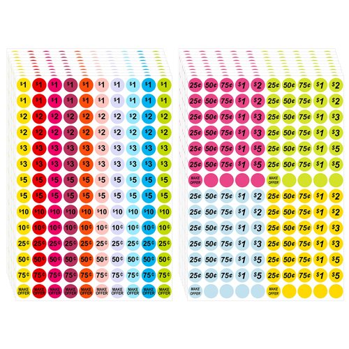 Garage Sale Stickers, 1400Pcs Yard Sale Stickers, Pre-Priced Pricing Labels, Flea Market Pricing Stickers, Round Price Label Stickers Price Tags Stickers for Retail, Two Style, 3/4" in Diameter