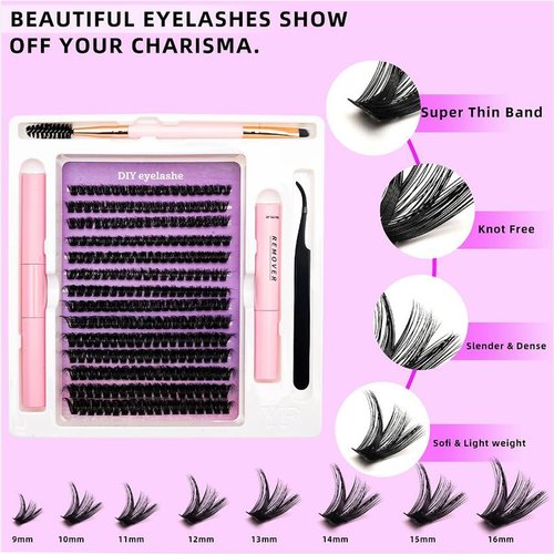 DIY Lash Extension Kit Volume Lash Clusters D Curl Individual Lashes Lash Clusters Kit Thick Eyelash Extension Kit Thin Band Cluster Lashes Lash Bond and Seal Lash Tweezers (Fluffy50D+60D kit)