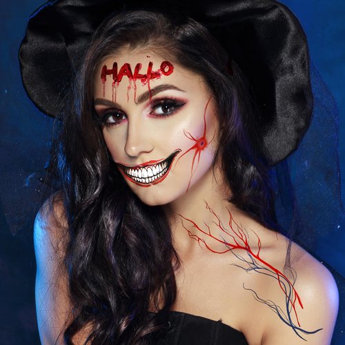 Kiss Tattoos Temporary Halloween Red Bleeding Stitch Scary Prank Makeup for Kids Girls Adult Women Face Body Halloween Decorations-40 Sheets