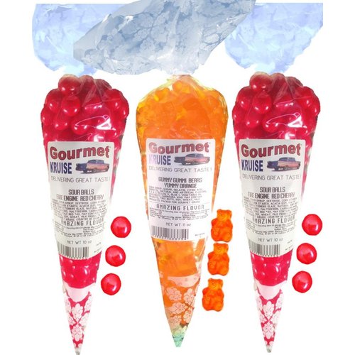 Sour Balls (2) Fire Engine Red Cherry (1) Energy Orange Gummi Gummy Bears (NET WT 31 OZ) Gourmet Kruise Signature Gift Bags