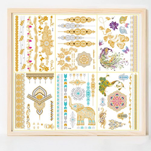 Gold Henna Temporary Tattoos for Women Girls Lace Fake Tattoo Stickers Mystery Sexy Mandala Flower Body Art Design Waterproof Henna Sticker DIY Body Face Arms Legs Party Supplies Favors 6 Sheets