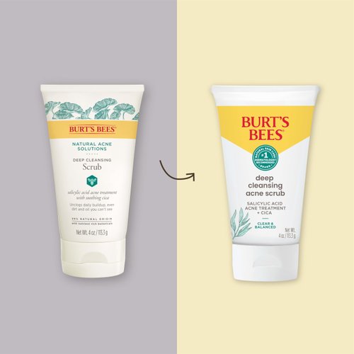 Burt’s Bees Clear and Balanced Deep Cleansing Acne Scrub, Salicylic Acid Acne Treatment with Cica, Facial Cream Exfoliator Helps Unclog Pores and Reduce Acne, 4 Oz