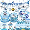 cocomigo 197 Pcs Shark Birthday Party Decorations Tableware Set, Shark Party Supplies Include Banner, Plates, Tablecloth, Cake Topper and Balloons Etc, for Shark Themed Decorations Serves 25 Guests