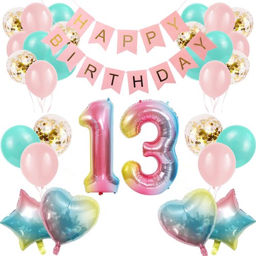 13th Birthday Decorations for Girls Gradient color Age 13 Birthday Balloons with Happy Birthday Banner for Baby Showers Thirteenth Birthday Party Supplies for Girls Boys (13th-Birthday)