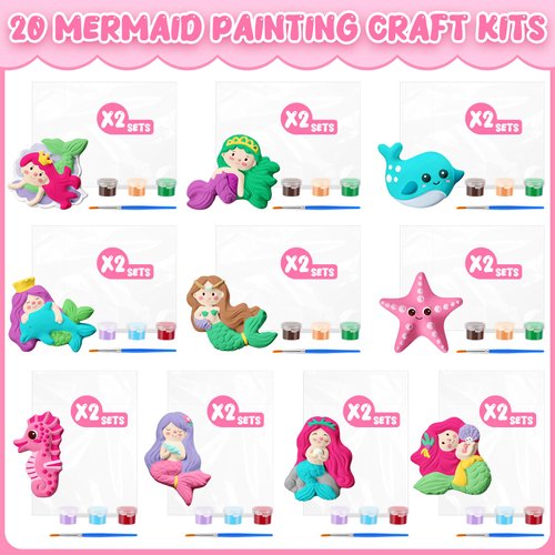 Simgoing 20 Set Mermaid DIY Painting Kit Ceramic to Paint Your Own Mermaid Statues Unpainted Plaster Figurines Brushes Acrylic Paints Bags Arts and Crafts Kits Party Favor for Kids Boys Adults Girls
