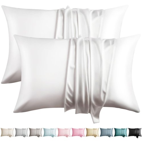 WLOSJ 100% Silk Pillow Cases 2 Pack Queen Size Mulberry Silk Pillowcase for Hair and Skin Set of 2 Highest Grade 6A Silk Soft Breathable Cooling with Hidden Zipper, White