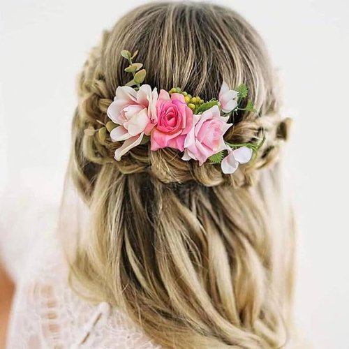 Fangsen Wedding Silver Pink Rose Flower Hair Comb Boho Wedding Bridal Hair Accessory for Women and Girls
