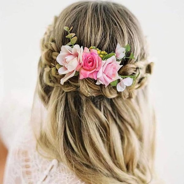 Fangsen Wedding Silver Pink Rose Flower Hair Comb Boho Wedding Bridal Hair Accessory for Women and Girls