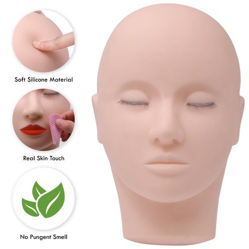 Miuffue Lash Mannequin Head with 3 Lash Layers, Practice Training Head for Makeup and Eyelash Extensions, Soft-Touch Silicone Rubber Flat Head Doll Head