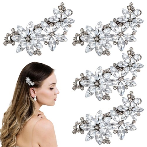 Mabor 4Pcs Rhinestone Bridal Hair Clip Decorative Crystal Faux Flower Hair Pins Sparkly Silver Headpiece Accessories for Wedding Party Prom Bling Barrette for Women Girls Bridesmaid Bride