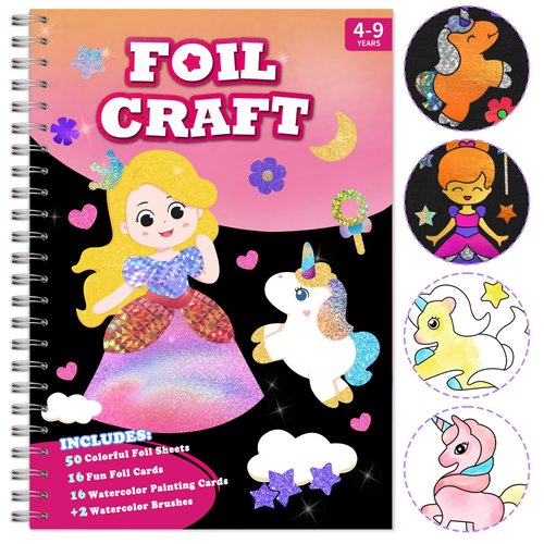 SOOVSY Foil Art Fun Kit for Kids, 2-in-1 Foil Craft & Coloring Kit, Princess & Unicorn DIY Craft Activity Kit, Creative Birthday Christmas Travel Toys Gift for Girl Boy Children 4 5 6 7 8 9 Years Old
