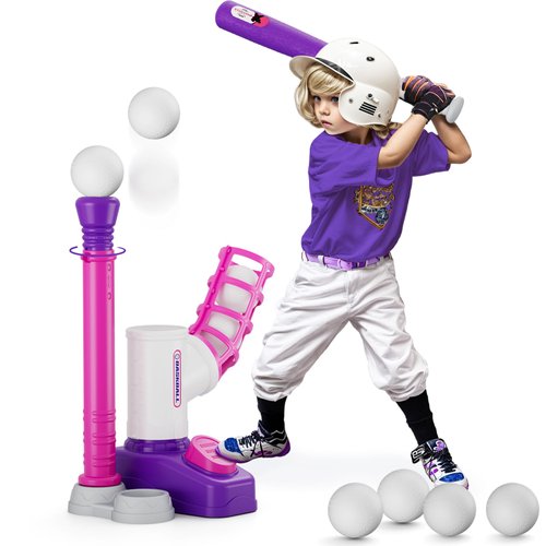 HYES T Ball Sets for Kids 3-5, Tee Ball Set with Step on Pitching Machine/Adjustable Batting Tee/Retractable Baseball Bat/8 Balls, Outdoor Sport Toy Games for Girls Toddlers