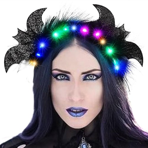 GORTIN Light up Halloween Headband LED Bat Headband Black Feather Hair Band Gothic Headpiece Glowing Party Headwear Cosplay Costume Hair Accessories for Women