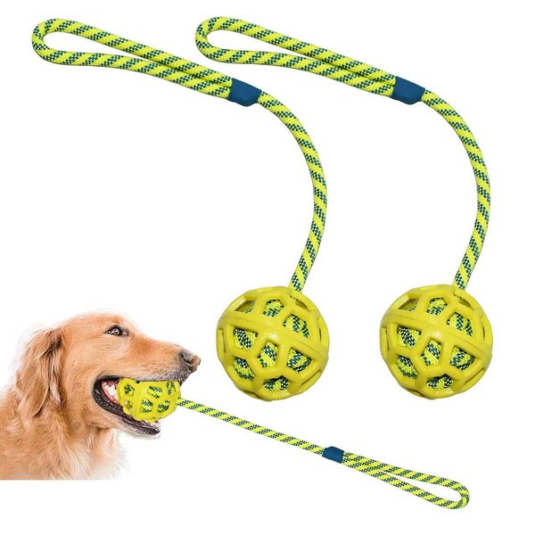 BlueHomy Dog Rope Toys Training Ball -On Rubber, Toy with Handle, Exercise and Reward for Dogs Chew,Dog Pull Toy- Throw - Tug Fetch , Gifts Set of 2, DTB1001YEL-2X, Yellow