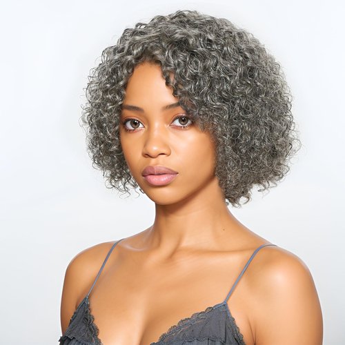 HANASCC Salt and Pepper Wigs for Women Deep Curly Grey Human Hair Wigs for Women Mixed Short Kinky Curly Glueless Gray Human Hair Short Wigs 180% High Density 6 Inch