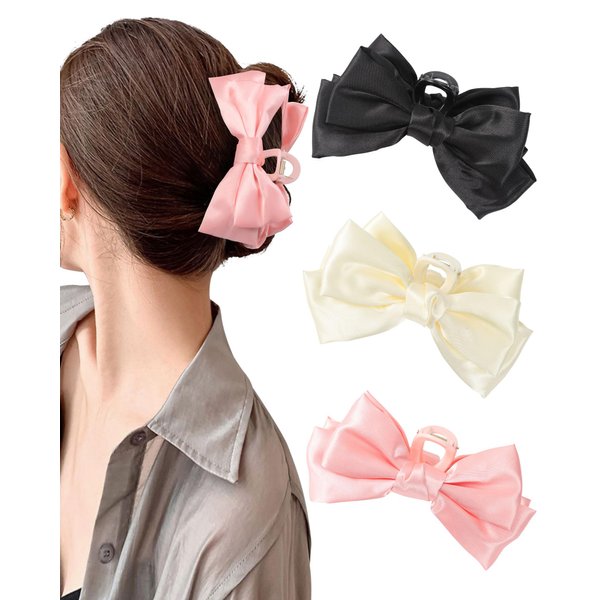 CHLINS 3 Count Bow Claw Clip - Bow Clips for Women in Satin, Nonslip Claw Clips for Thick Thin Hair, Hair Accessory in Black, White, Pink