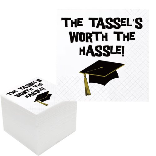Geloar Graduation Napkins, 100 Pack The Tassel's Worth The Hassle Disposable Paper Cocktail Napkins for Class 2023 High School College Grad Party Decor 2-Ply, 5x5 Inches (Tassel's Worth Hassle)