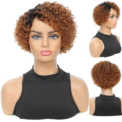 Curly Wig Blonde Human Hair Wigs, 8 inch Short Bob Pixie Cut Brazilian Human Hair Wig, Honey Blonde With Dark Roots Afro Kinky None Lace Front Wigs for Women, Deep Wave Side Part Wig with Wig Cap
