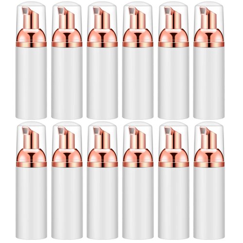 IRON BILL 2 Oz Empty Foam Pump Bottle (12PCS) Travel Foaming Soap Dispenser for Hand Soap, Lash Shampoo Cleanser (White&Rose Gold)