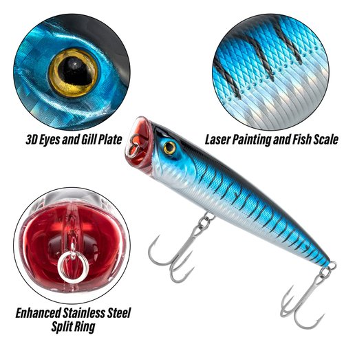 Dr.Fish Topwater Popper Saltwater Fishing Lures, 5-1/2 Inches GT Popper VMC Treble Hooks Surf Fishing Lures for Stripr Pike Salmon Lures Bass Popper Fishing Plugs Offshore Blue Stripes