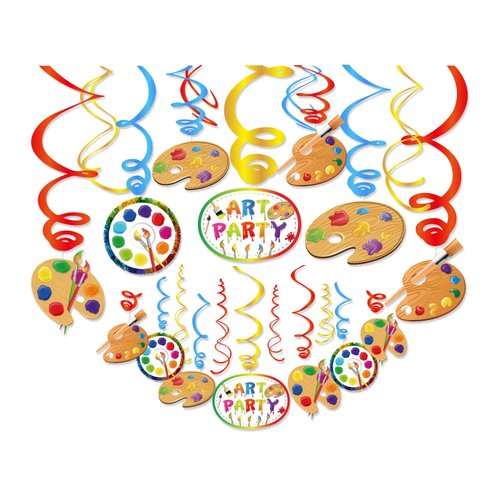 Kristin Paradise 30Ct Art Hanging Swirl Decorations, Sip n Paint Party Supplies, Little Painting Artist Birthday Theme Decor for Boy Girl Kids Baby Shower
