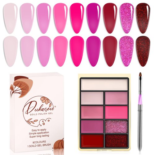 DUKASOU Solid Gel Nail Polish Set, 9 Colors Roseraie Gel Polish Manicure Palette Set Pink Glitter Pudding Tiny Solid Cream Nail Gel Polish for Salon DIY with Pro Nail Brush