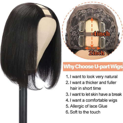 Amella Hair U Part Wig Human Hair Straight Bob Wigs For Black Women 10inch Brazilian Remy Hair Short Bob Human Hair Wigs Clip in U Part Wig Human Hair Extensions Natural Black Color