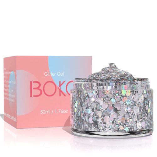 Boko 1.76oz Body Glitter Gel, Laser Silver Liquid Glitter for Face Hair and Body Makeup, Chunky Glitter for Halloween Christmas Rave Accessories and Mermaid Costume - Shining Galaxy