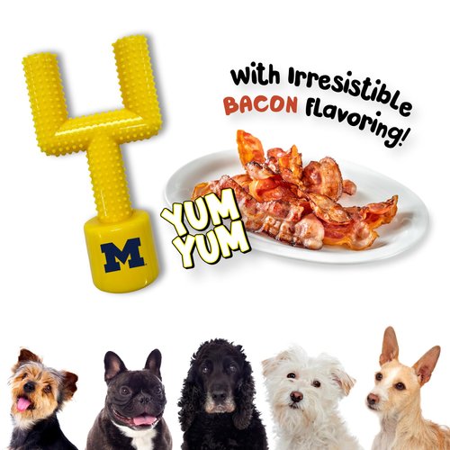 NCAA Michigan Wolverines Mega-Chew Hard Nylon Bacon-Flavored Dog Bone Football Goal-Post Chew Toy. Interactive, Tasty & Fun Dog Chew Toy. Indestructible, Strong, Tough & Durable Pet Chew Toys