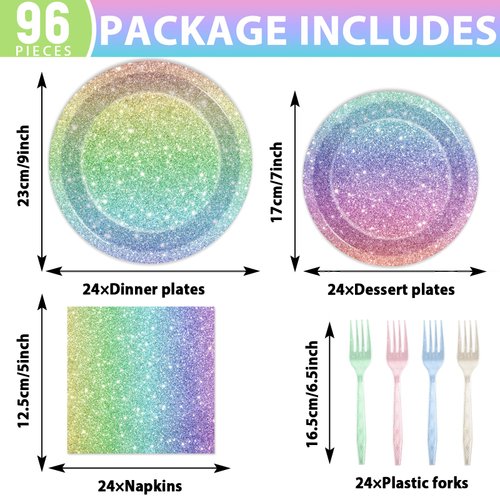 Rainbow Birthday Party Plates Napkins Forks Rainbow Glitter Tableware Set Happy Birthday Dinnerware Colorful Unicorn Glitter Supply for Kids Girls Women Princess Wedding Parties Decorations Serve 24